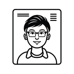 Illustration of a young male with glasses and short hair, framed in a square with abstract lines.