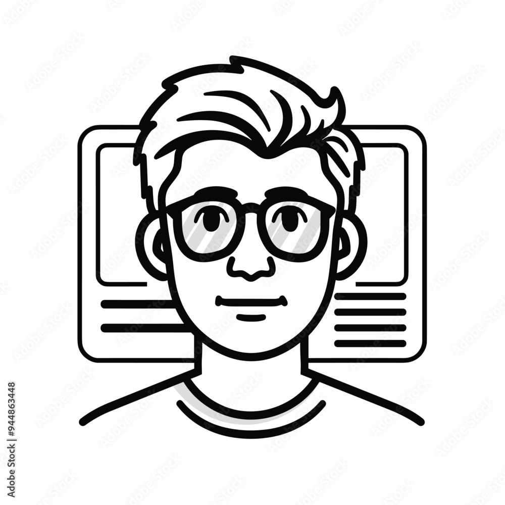 Poster black and white vector illustration of a man with glasses smiling in front of a computer screen.