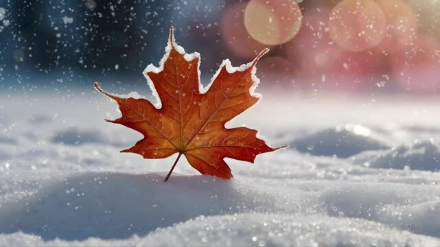A dry maple leaf lies on the snow in winter. Seamless 4K looping timelapse video animation background