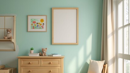 Mockup kids room poster frame close up on wall front view