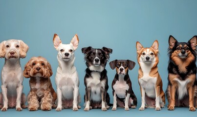 Diverse Group of Cute and Friendly Dogs Posing on a Baby Blue Background