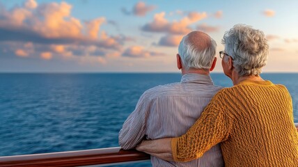Fototapeta premium A retired couple enjoying a cruise, watching the sunset from the deck, embracing the adventure and luxury of retirement, cruise travel, retired couple, sunset view