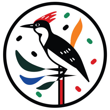 recommend clip art: Stylized illustration of a woodpecker perched on a branch with colorful geometric background elements.