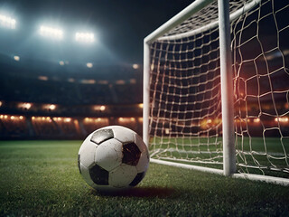 3d rendering soccer ball in goal. soccer ball in net with spotlight  light background Ai generative.