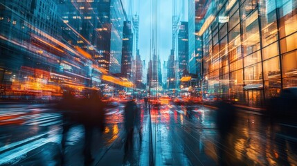 Cityscape With Blurry Reflections of City Lights and Pedestrians at Night