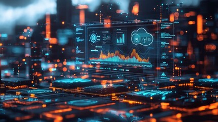 Obraz premium Cloud storage analytics interface, real-time data graphs displayed on a futuristic holographic screen, surrounded by digital storage units
