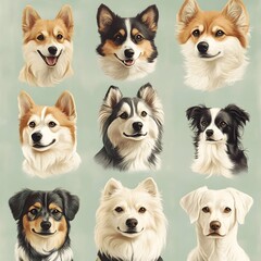 Obraz premium Diverse Collection of Dog Portraits Against Delicate Sage Background