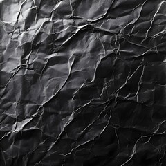 Crumpled black paper texture with intricate wrinkles and shadows creating a dramatic monochrome abstract background