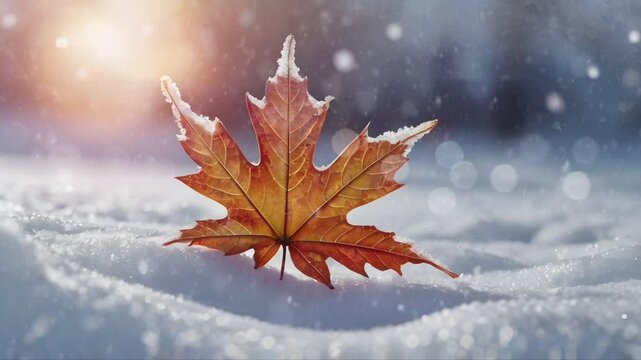 A dry maple leaf lies on the snow in winter. Seamless 4K looping timelapse video animation background