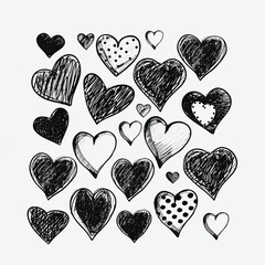 Various hand-drawn hearts with different patterns on a white background, creating a whimsical and artistic mood.