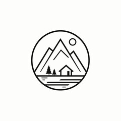Minimalist illustration of a mountain landscape with a cabin, trees, and a sun in a circular frame.