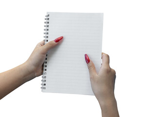 Obraz premium Female hand holding notebook paper isolated on transparent background, PNG Format