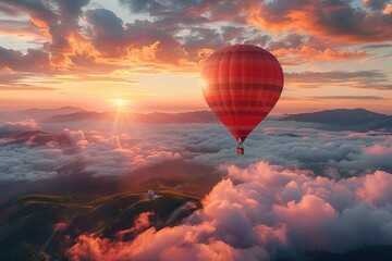 A hot air balloon is flying high in the sky above a mountain range