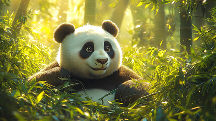 A peaceful giant panda munching on bamboo stalks in a lush, green bamboo forest,  