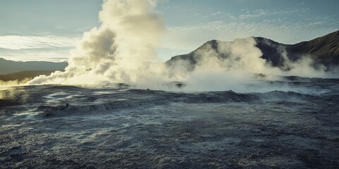 Obraz premium a geothermal energy plant, with steam rising from the ground, representing the earth?s natural energy