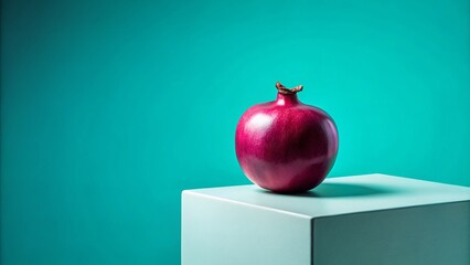 vibrant color blocked still life of a bold purple pomegranate standing upright on a minimalist white pedestal against a bright turquoise backdrop