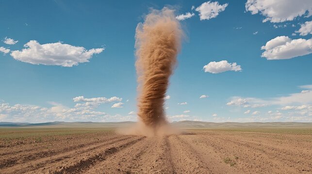 Intense dust devil spinning across an arid landscape under a clear blue sky