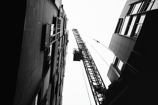 A crane operator carefully navigates a tight space between two buildings. The massive crane arm hovers inches away from the structures