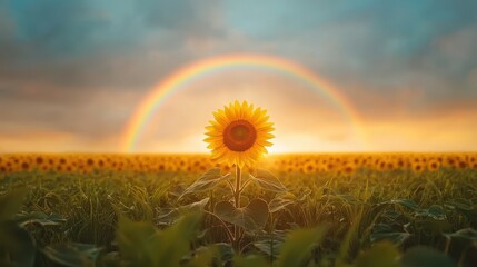 Single sunflower facing the sun with a glowing rainbow arcing over a vast green field at sunset representing optimism and perseverance