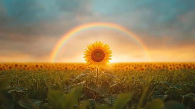 Single sunflower facing the sun with a glowing rainbow arcing over a vast green field at sunset representing optimism and perseverance