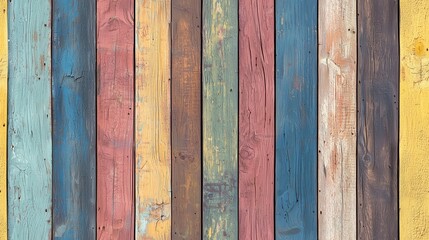 A vibrant wooden wall made of planks in various colors including blue, pink, yellow, and brown, showcasing a rustic and artistic design.