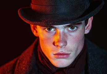 Intense gaze of a mysterious man in a red hat