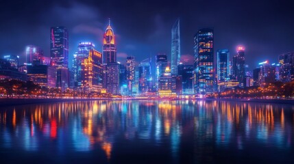Fototapeta premium A city skyline illuminated with bright lights and reflections on a river, capturing the vibrant nightlife and urban glow against a dark night sky.