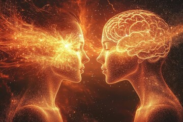 Two Glowing Human Silhouettes Facing Each Other with Fiery Brain Connections Depicting Communication and Energy Transfer