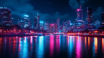 Obraz premium A city skyline illuminated with bright lights and reflections on a river, capturing the vibrant nightlife and urban glow against a dark night sky.