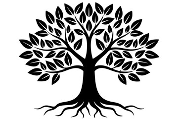 Tree with leaves and roots silhouette vector illustration
