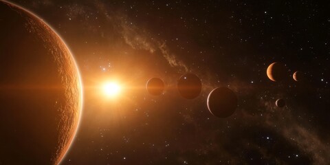 Obraz premium a multi-planet system orbiting a distant star, with planets of varying sizes and colors, showcasing the diversity of planetary systems