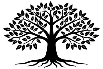 Obraz premium Tree with leaves and roots silhouette vector illustration