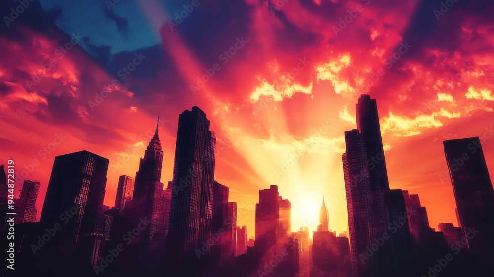 Poster a city view with the sun rising between high-rise buildings, casting rays of light that create a str
