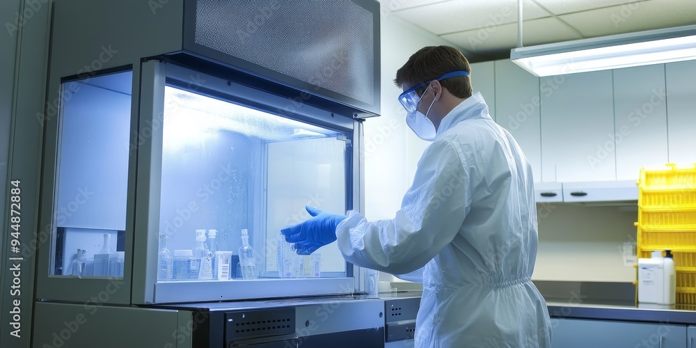 Aufkleber Precision image of a lab worker following safety procedures, using a fume hood to handle volatile chemicals