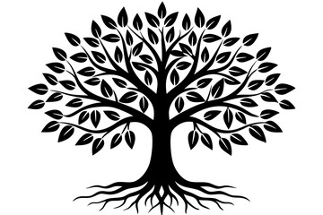 Obraz premium Tree with leaves and roots silhouette vector illustration