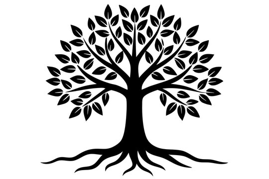 recommend clip art: Tree with leaves and roots silhouette vector illustration