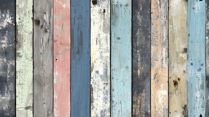 A textured background featuring a variety of weathered wooden planks in different colors including blue, green, pink, and gray. The wood shows signs of aging with peeling paint and rough surfaces.
