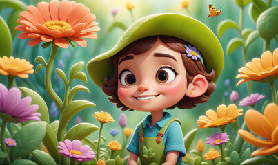 A smiling girl in a green hat and overalls stands in a garden, surrounded by blooming flowers