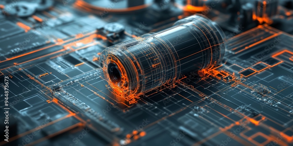 Poster a 3d model of an innovative device being developed, with precise details and future applications dis