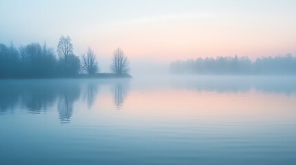 Fototapeta premium A Misty Lake at Sunset, Framed by Silhouettes of Trees in the Fading Light