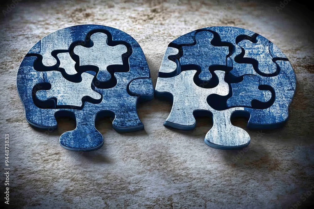 Poster weathered wooden puzzle pieces forming two faces as a metaphor for aging memory and the fragility of