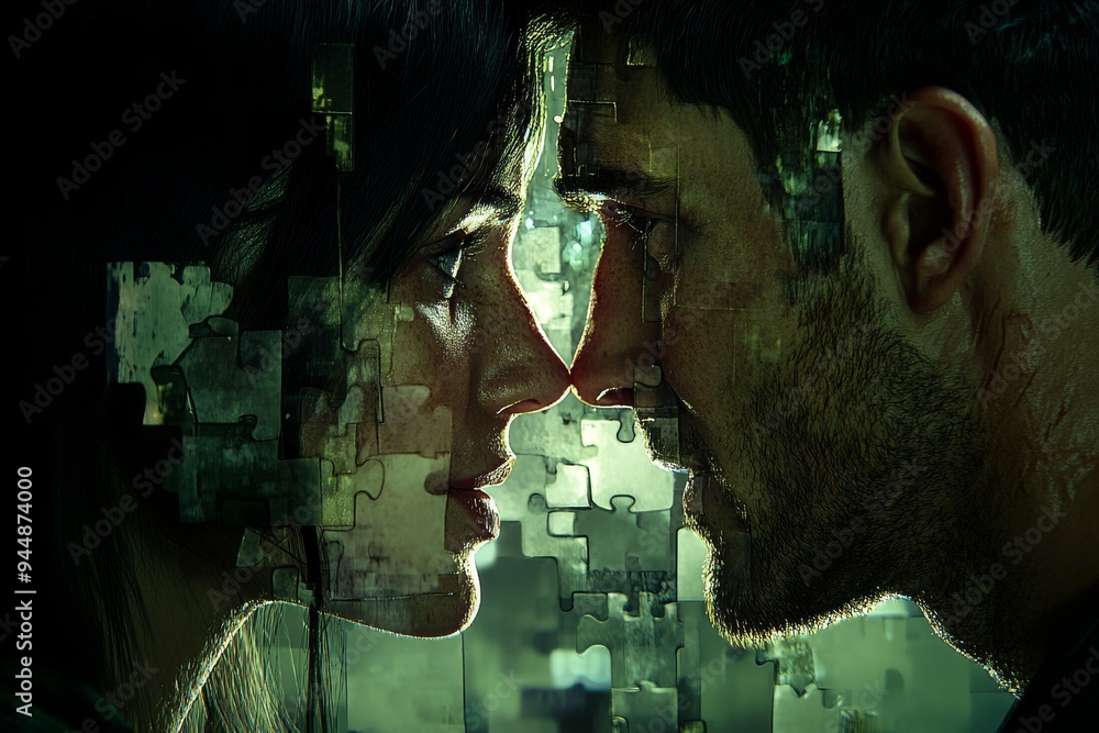 Aufkleber a couples faces dissolving into puzzle pieces depicting the complexity of relationships and emotiona