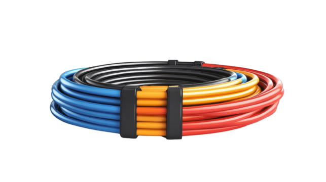 Colorful electrical wiring in a coiled arrangement, showcasing a variety of hues for electrical and DIY projects.