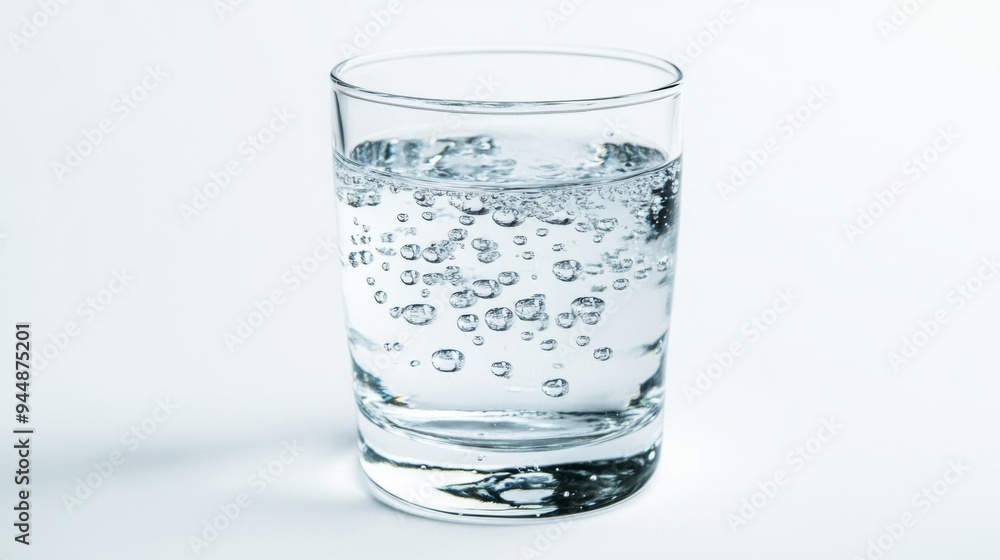 Poster a clear glass of water with droplets on its surface, set against a pure white background, capturing 