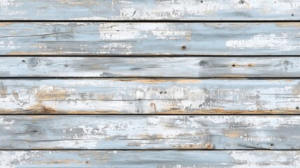 Fototapeta premium A textured background of weathered wooden planks painted in light blue, showing signs of aging with peeling paint and visible knots.