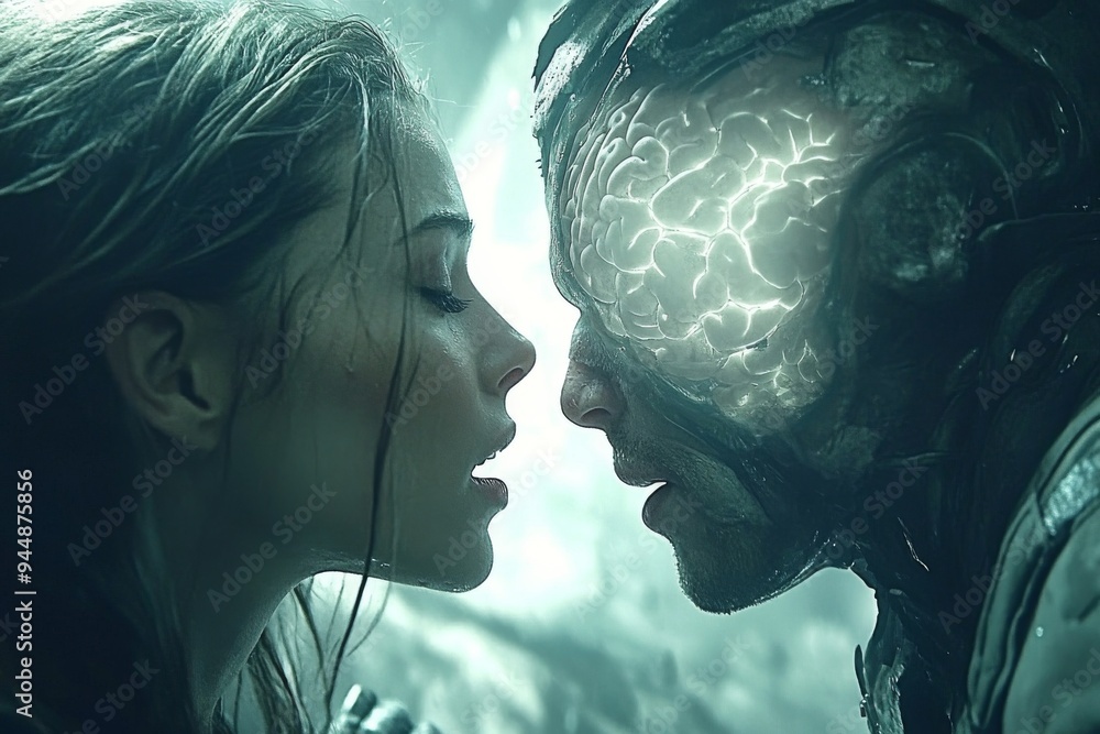 Poster couple with glowing brain patterns illustrating the deep emotional and mental connection between two