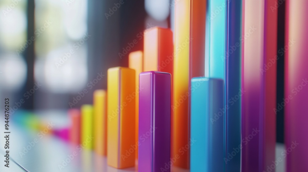 Poster a close-up of a 3d bar graph with animated effects, showing increasing values in different colors an