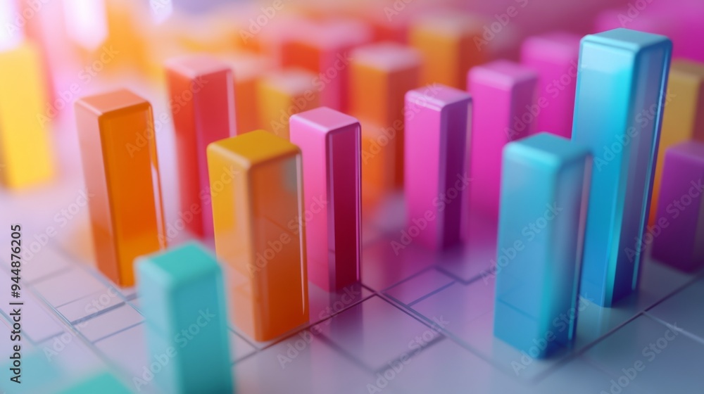 Fototapete A close-up of a 3D bar graph with animated effects, showing increasing values in different colors and highlighting a specific data set on a white surface.