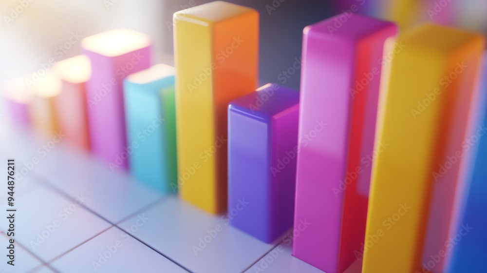 Poster a close-up of a 3d bar graph with animated effects, showing increasing values in different colors an