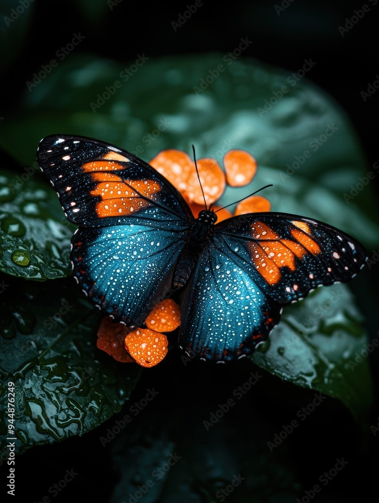 Sticker Vibrant butterfly with water droplets